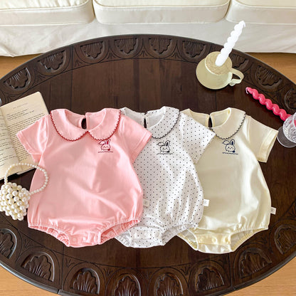 A ins wind summer baby girl triangle bag fart clothes baby rabbit embroidered jumpsuit newborn doll collar climbing suit - Mixbatch