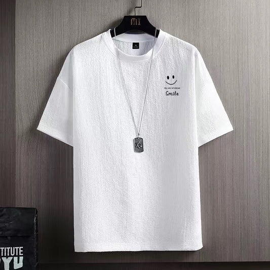 A Summer solid color ice silk short-sleeved t-shirt loose casual versatile t-shirt trendy clothes men's solid color printing - Mixbatch