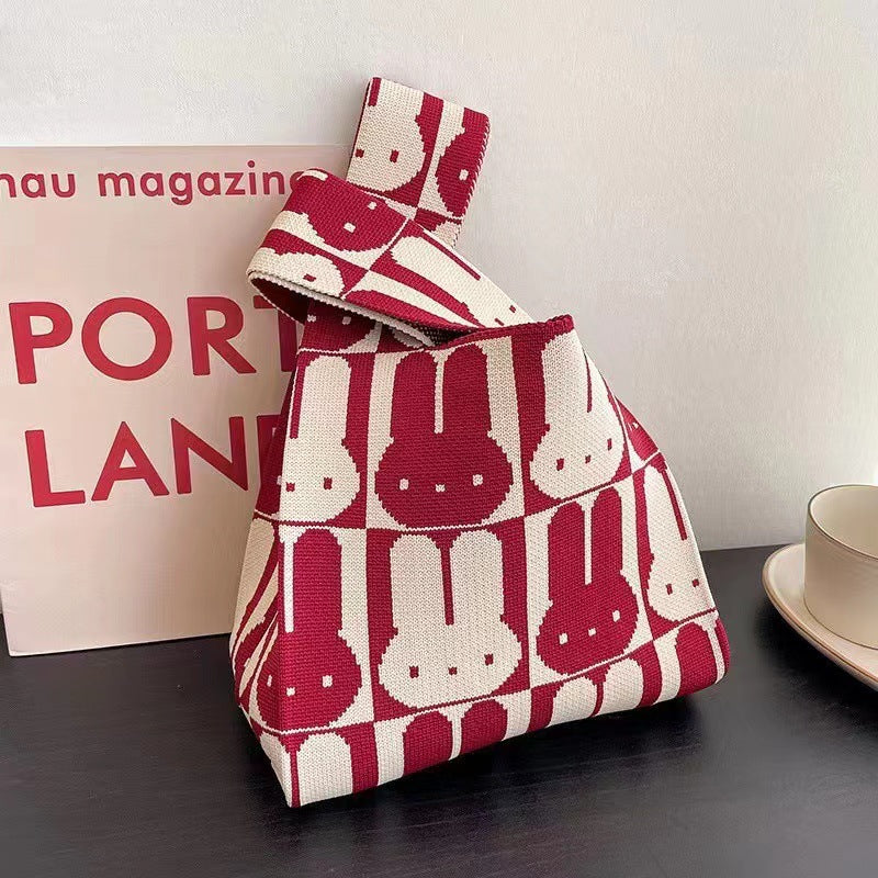 A Internet celebrity handbag women's knitted wool bucket bag Japanese and Korean version versatile hand carry casual tote bag box lunch bag y