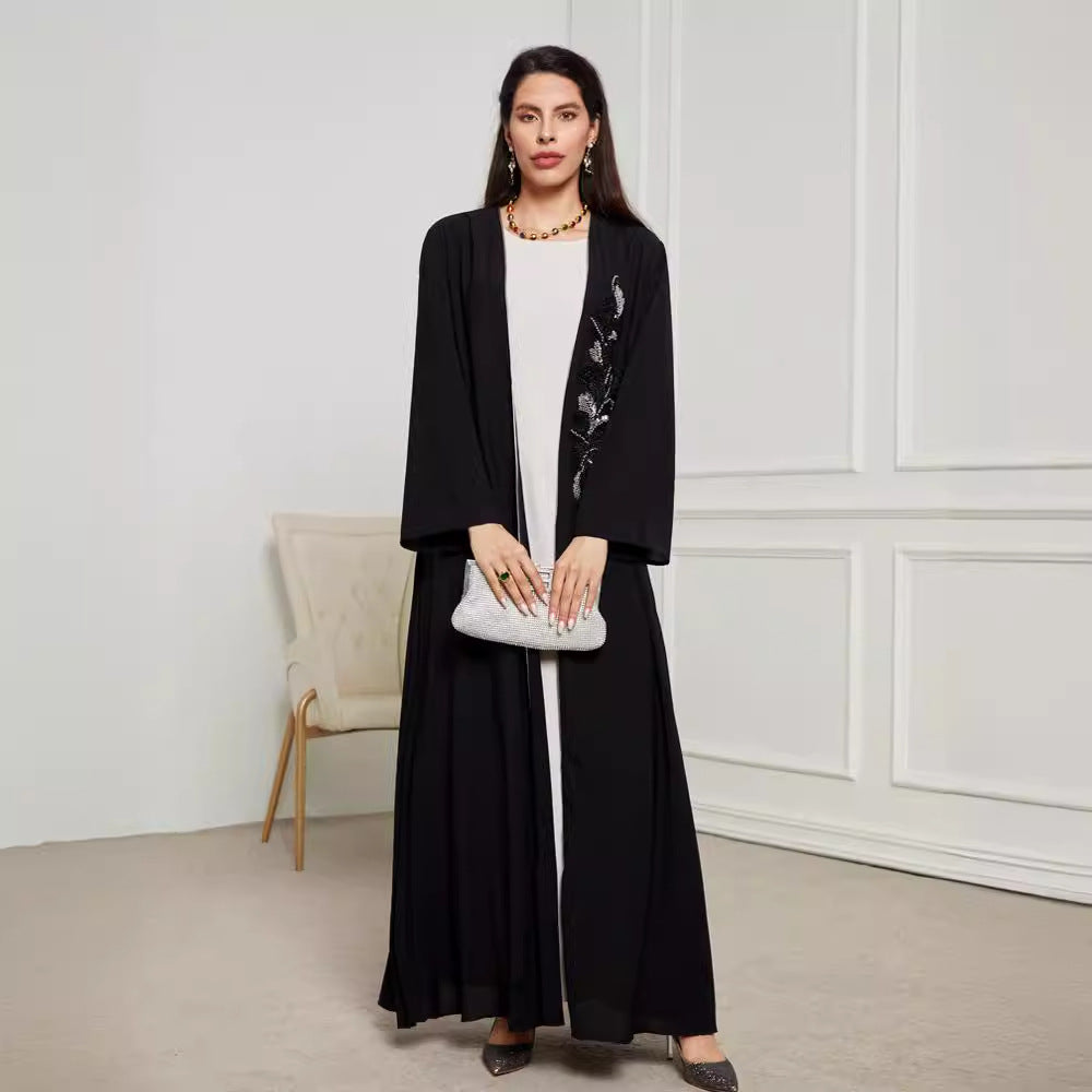 New handmade beaded Middle Eastern Muslim clothing long dress fashionable and elegant cardigan contrasting color dress robe - Mixbatch