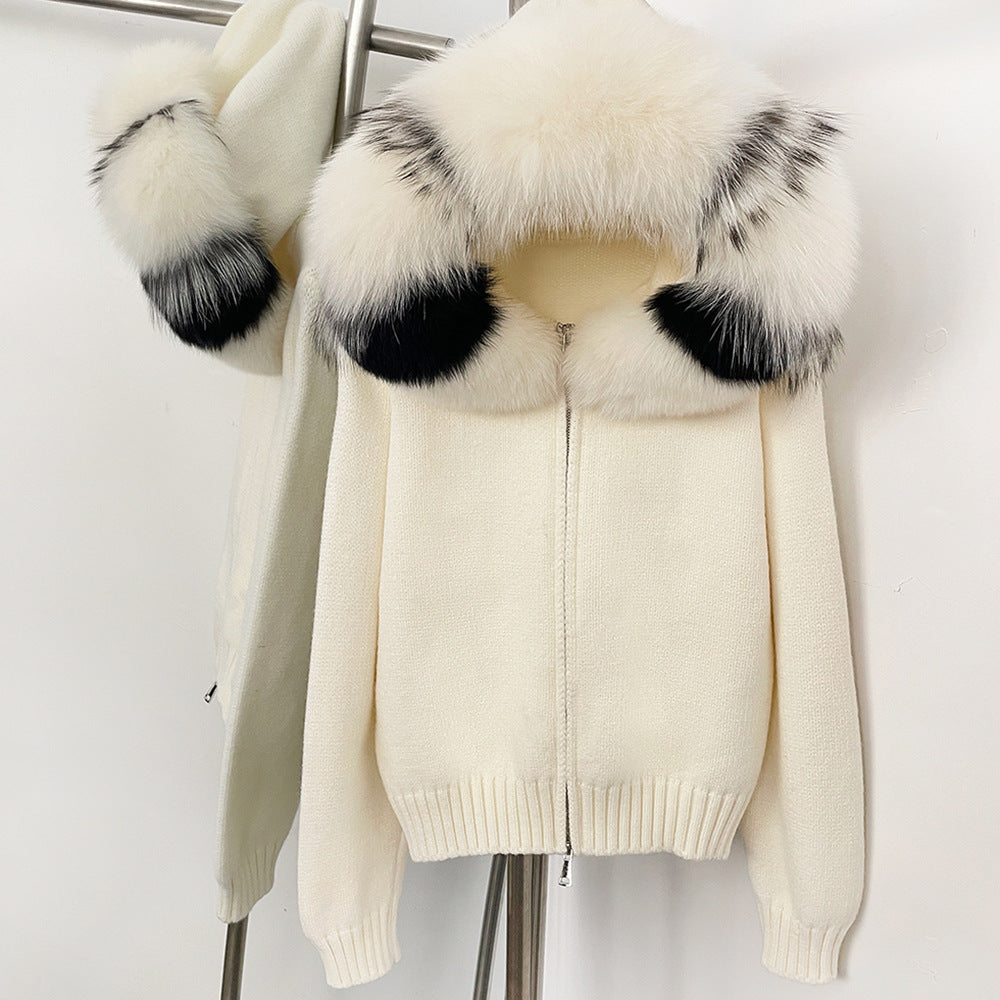 A autumn and winter new knitted sweater women's Korean version removable oversized real fox fur collar hooded knitted cardigan jacket