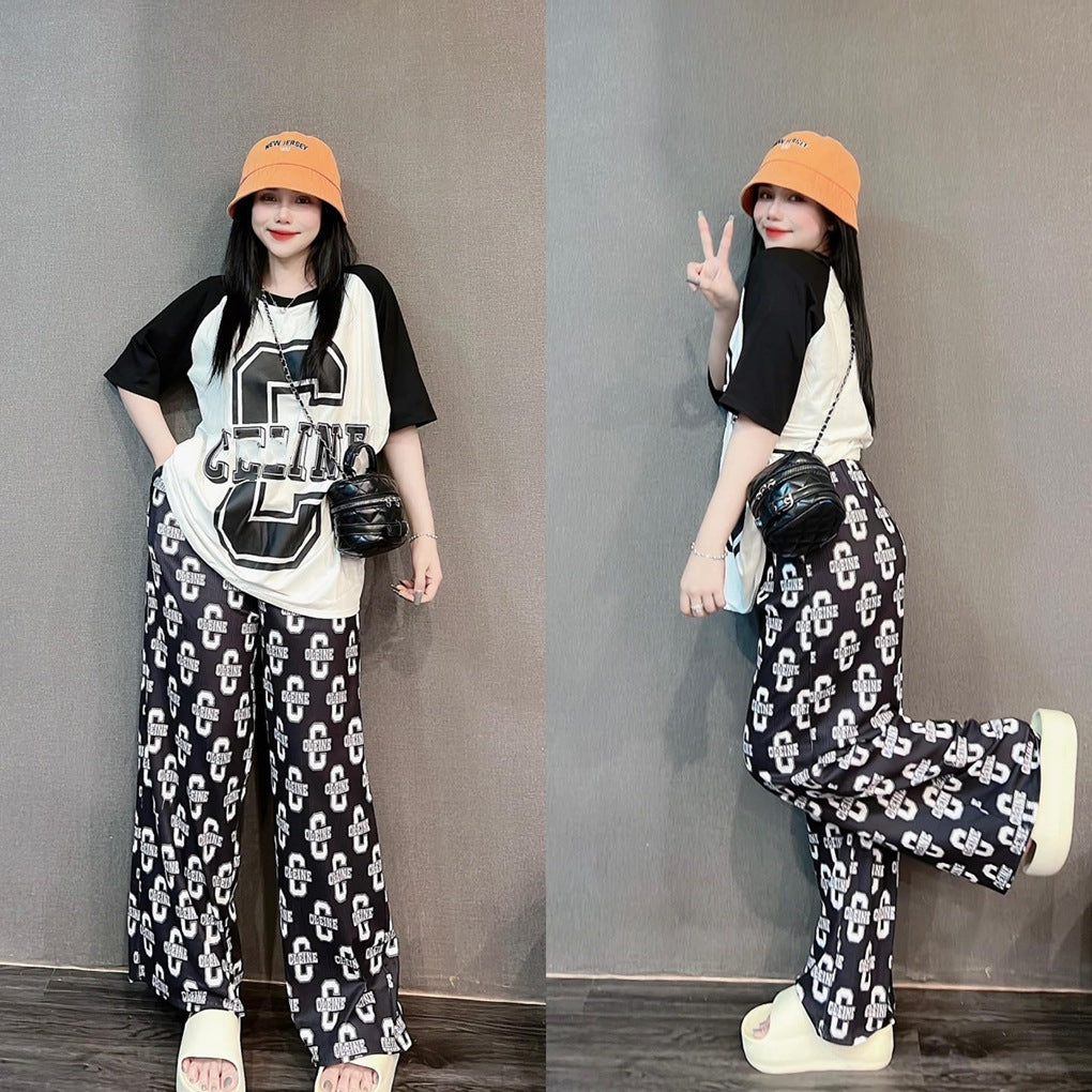 A Thai fashion suit women's summer new loose contrasting color short-sleeved wide-leg pants casual Hong Kong style age reduction two-piece set
