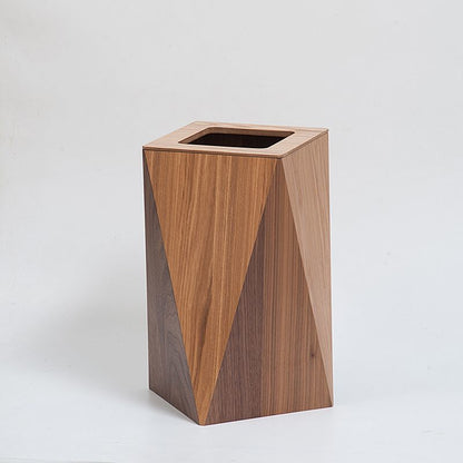 A wooden trash can