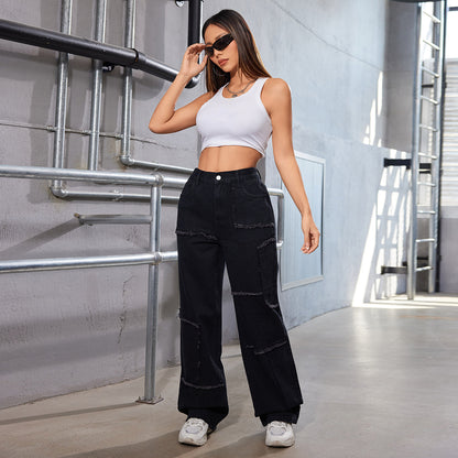 A Women's Loose Wide Leg Tooling Mid Waist Jeans Trousers