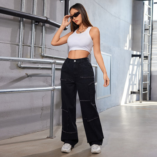 A Women's Loose Wide Leg Tooling Mid Waist Jeans Trousers