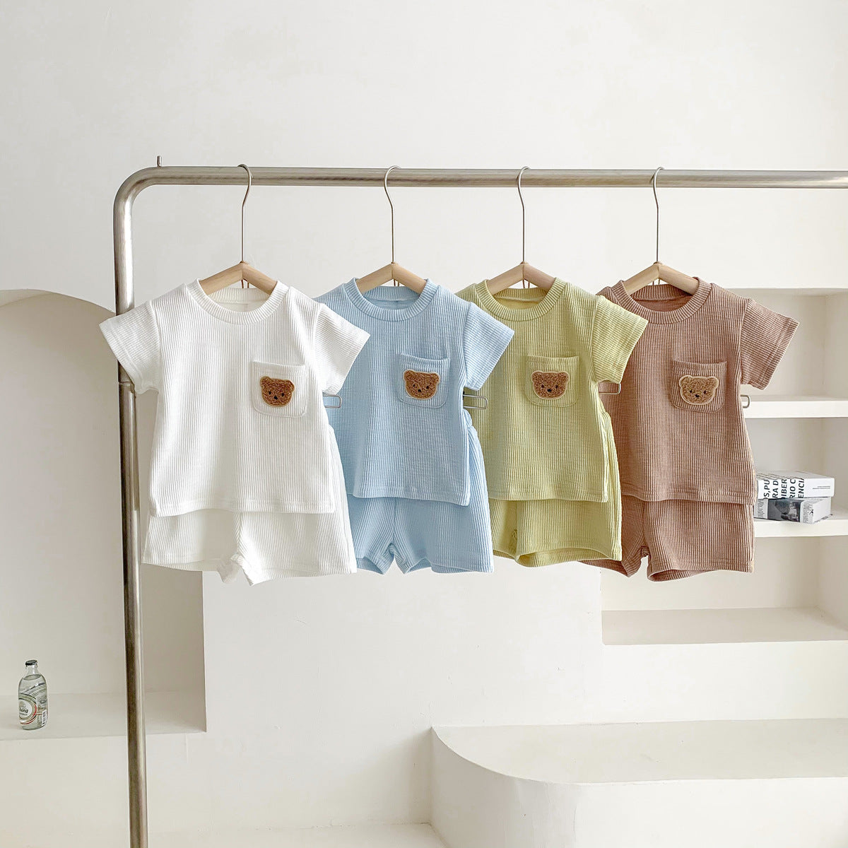A summer thin baby Korean short-sleeved shorts cotton and linen pit strip suit for boys and girls round neck pullover two-piece suit - Mixbatch