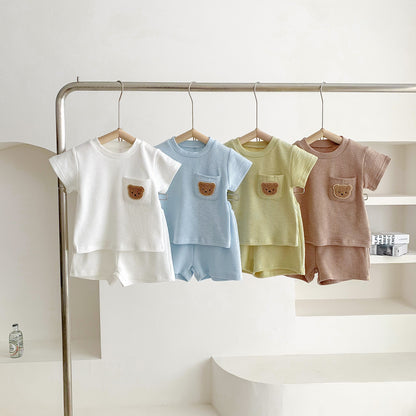 A summer thin baby Korean short-sleeved shorts cotton and linen pit strip suit for boys and girls round neck pullover two-piece suit - Mixbatch