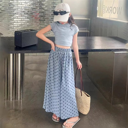 A girls T-shirt culottes set summer new Korean version top wide leg pants medium older girls polka dot culottes