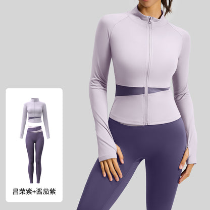 A color matching three-piece nude yoga suit running waist fitness suit women