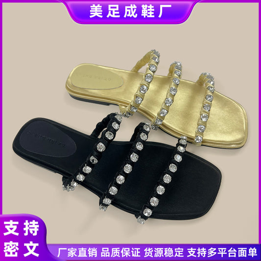 A rhinestone sandals women's summer word with flat beach slippers