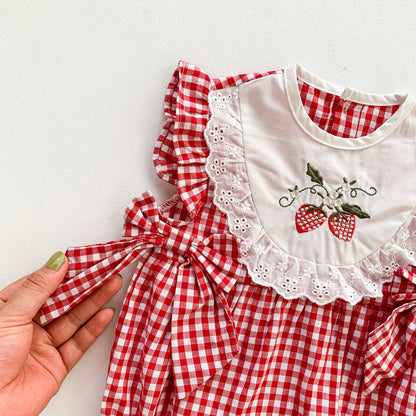 A newborn clothes summer thin girls sleeveless jumpsuit baby Korean version of red plaid triangle bag fart climbing clothes - Mixbatch