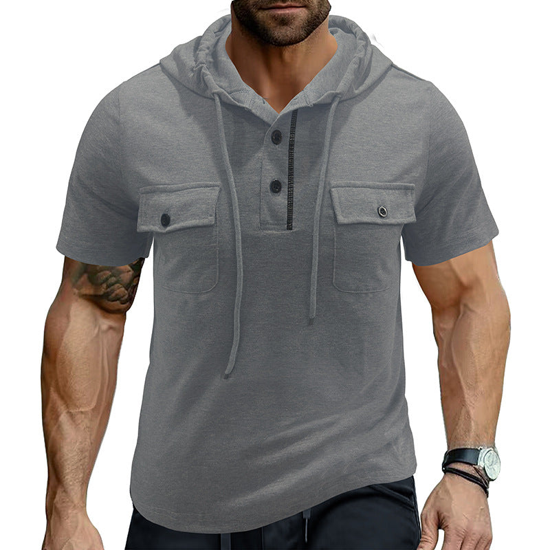 A Men's Outdoor Double Pocket Hat Cord Short Sleeve Henry Undershirt Cross-Border Casual Small Sweater Hooded Top T-Shirt