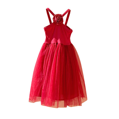 A summer new French rose suspender girls dress sweet foreign mesh princess dress beach dress
