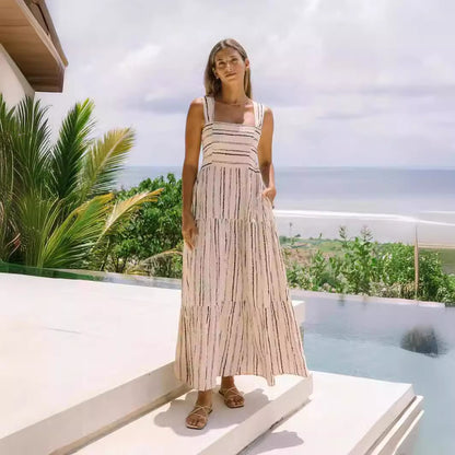 A fresh and sweet cross-border spring and summer style, striped printed one-word collar lace-up dress 88116