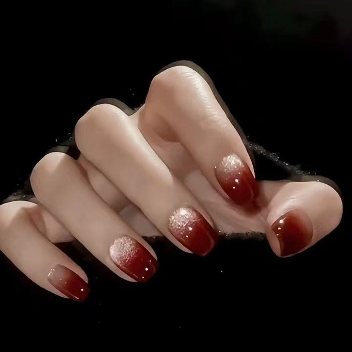 A-020 [30 pieces] Autumn and winter advanced white short red gradual change cat's eye nail sticker wearing nail New Year's beauty - Mixbatch