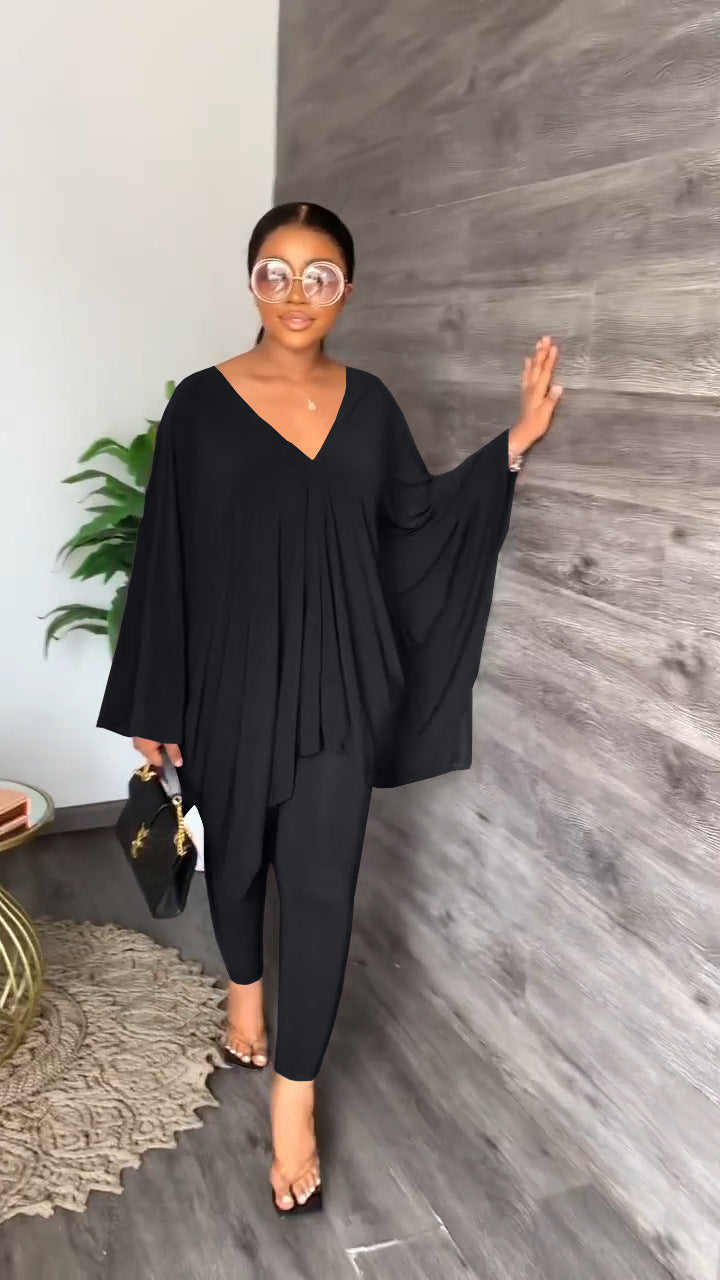 A long-sleeved v-neck suit