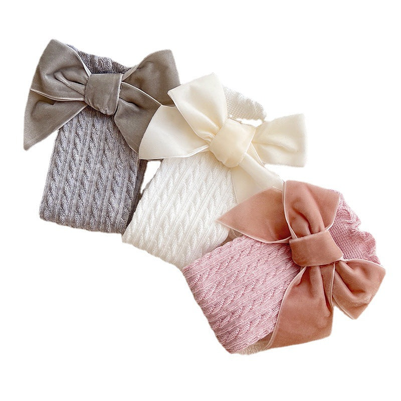 A flannel bow children's socks heel-less lace knee stockings baby medium stockings baby socks - Mixbatch