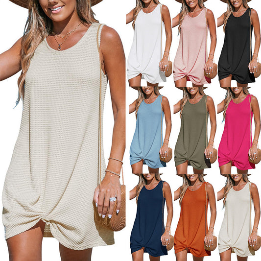 European and American cross-border Amazon 2025 new women's crew neck sleeveless waffle knitted vest beachwear dress