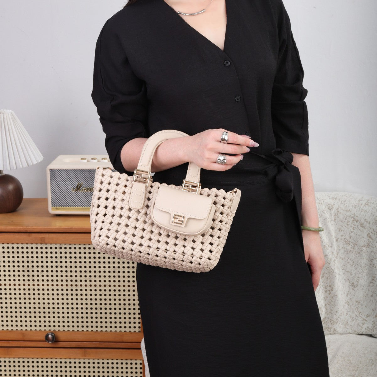 A woven handbag