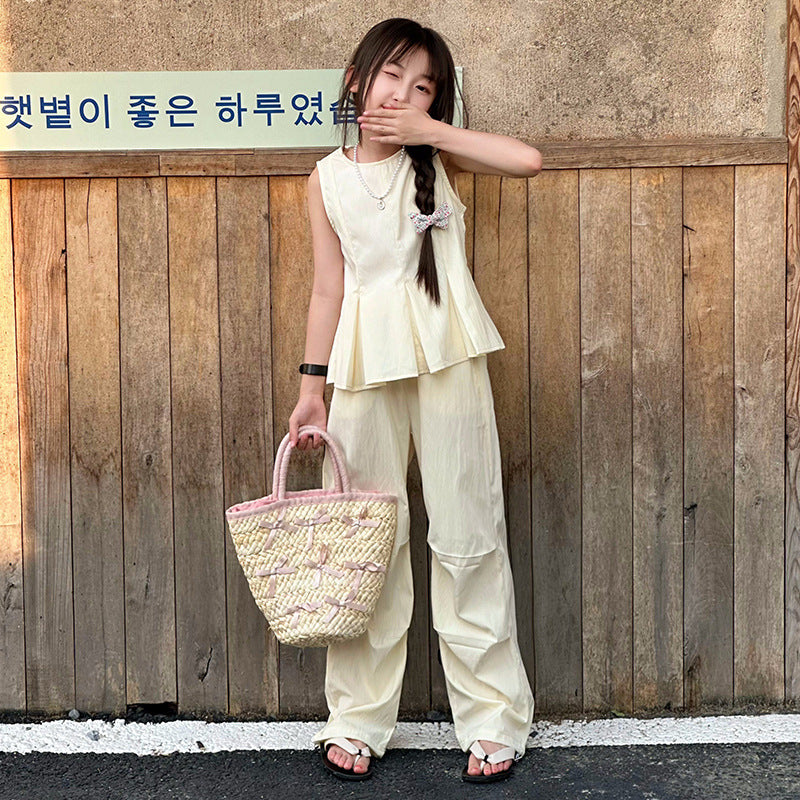 A year summer new suit middle and older children sleeveless thin vest Korean version top wide leg pants