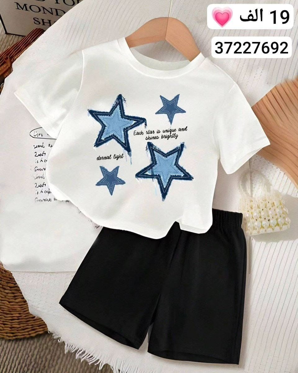 A Children's cute cartoon pattern printing set boys and girls short-sleeved T-shirt + shorts