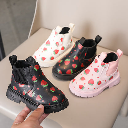 A Boys and Girls Martin Boots Soft-soled Strawberry Versatile Leather Boots