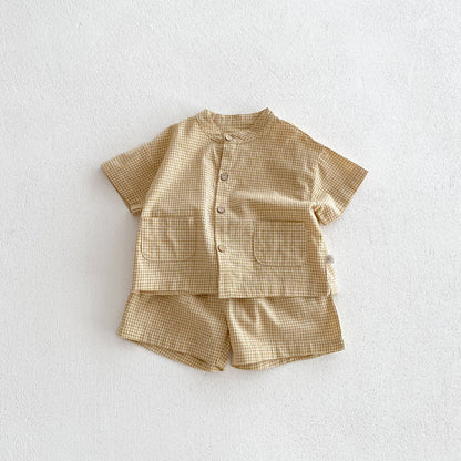 A INS Korean version of the baby summer thin solid color short-sleeved shirt and shorts set for children and boys casual two-piece set - Mixbatch