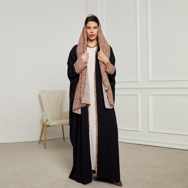 Leopard print headscarf Middle Eastern Muslim clothing long dress fashion elegant cardigan contrasting color dress robe - Mixbatch