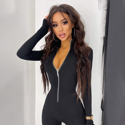 A Long-Sleeve Zippered Waist-Cinching Sports Yoga Jumpsuit
