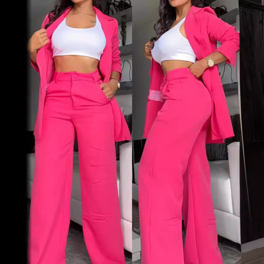 A women's temperament elegant solid color split sleeve lapel suit pocket straight pants suit - Mixbatch