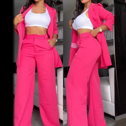 A women's temperament elegant solid color split sleeve lapel suit pocket straight pants suit - Mixbatch