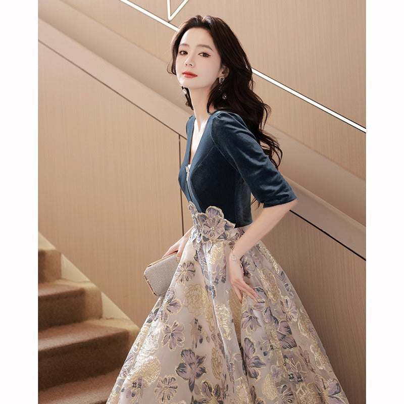 A banquet evening dress V-neck temperament waist long skirt high evening skirt