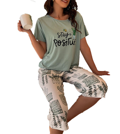 A Cross-border Amazon European and American summer pajamas women's short-sleeved T-shirt five-point pants milk silk flower loungewear women's suit - Mixbatch