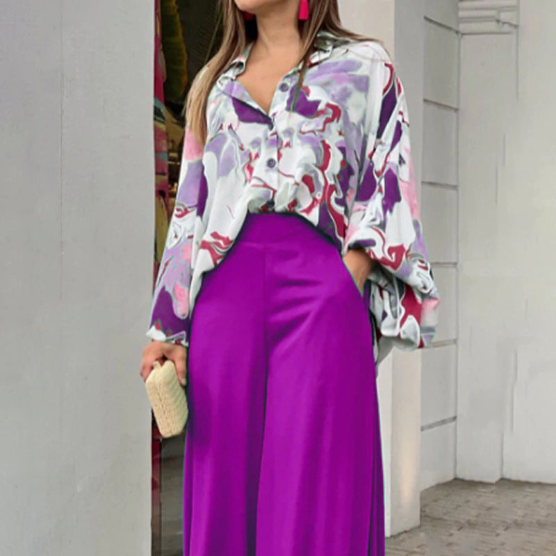 A printed shirt temperament elegant wide-leg pants fashion casual suit