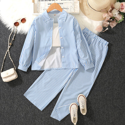 A medium and older children's girls' striped printed lapel neck long-sleeved shirt with white suspender vest and wide-leg trousers three-piece set