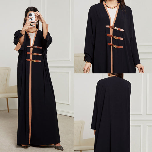 New Middle Eastern Muslim Dress Fashion Elegant Cardigan Button Dress Robe - Mixbatch