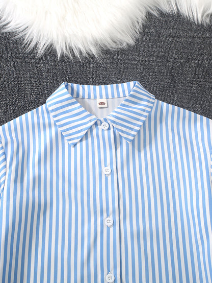 A medium and older children's girls' striped printed lapel neck long-sleeved shirt with white suspender vest and wide-leg trousers three-piece set