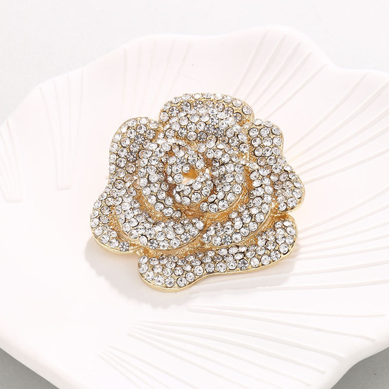 A European and American fashion exquisite rose flower brooch inlaid with diamonds flower brooch suit coat versatile accessories do not button - Mixbatch