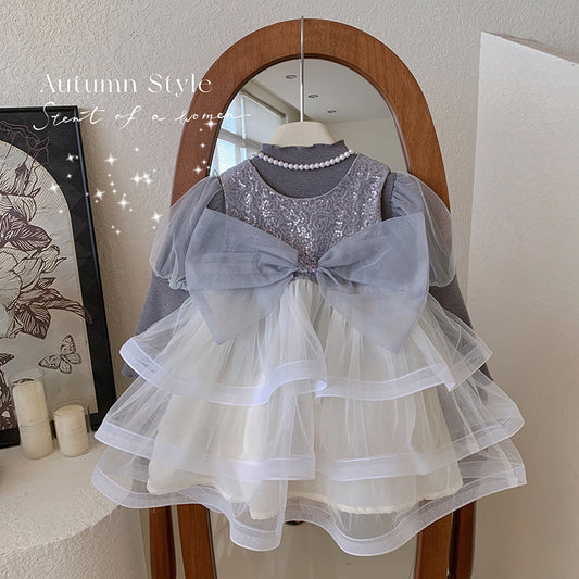 A new autumn sequined bow mesh gray tank top skirt cake skirt children's bubble sleeve bottoming shirt set