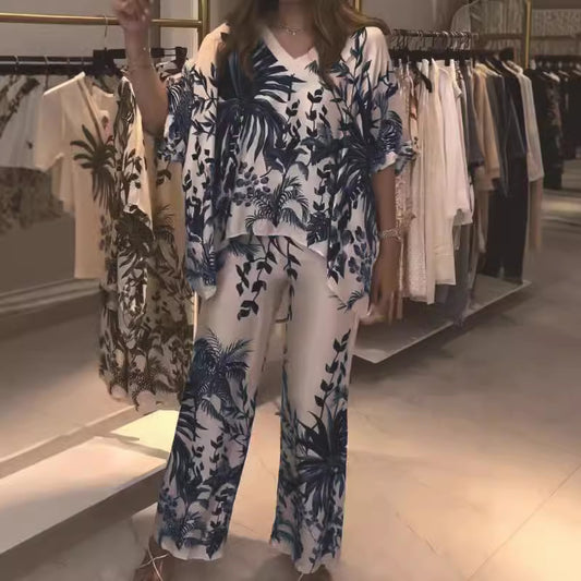 A Summer Fashion Casual Women's V-Neck Printed Shoulder Sleeve Set Multi-Color Large Size Women's Clothing