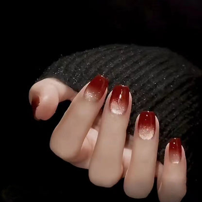 A-020 [30 pieces] Autumn and winter advanced white short red gradual change cat's eye nail sticker wearing nail New Year's beauty - Mixbatch
