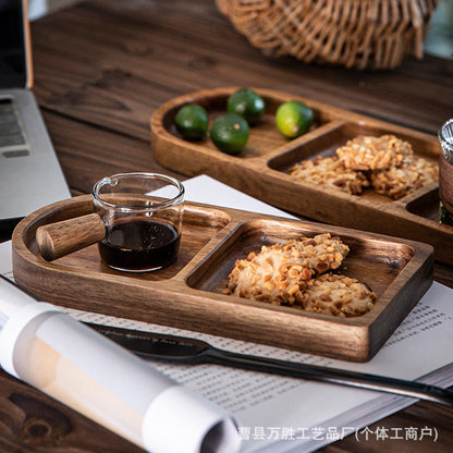 صينية خشبية من خشب الأكاسيا، صينية تخزين وجبات خفيفة منزلية مقسمة على الطراز الياباني، مناسبة لوضع وجبات الديم سوم 