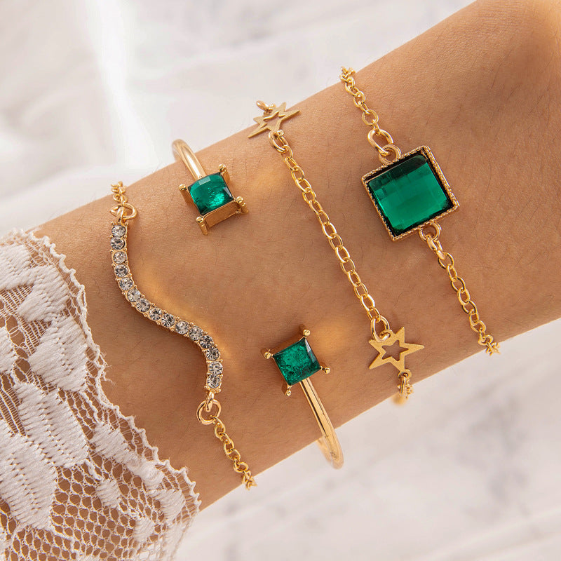 A European and American cross-border, fashionable and retro imitation gemstone love stacking bracelet, niche design sense snake jewelry set - Mixbatch