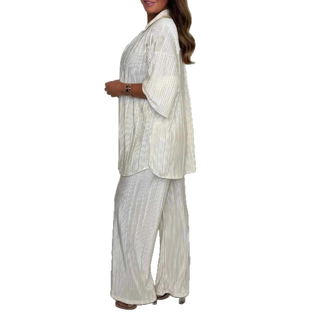 A European and American fashion women's clothing independent station lapel breasted loose long-sleeved pleated cardigan top trousers two-piece set