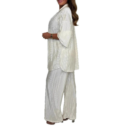 A European and American fashion women's clothing independent station lapel breasted loose long-sleeved pleated cardigan top trousers two-piece set