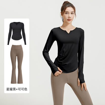 A autumn v-neck yoga suit pleated naked feeling slim and thin long fitness suit women