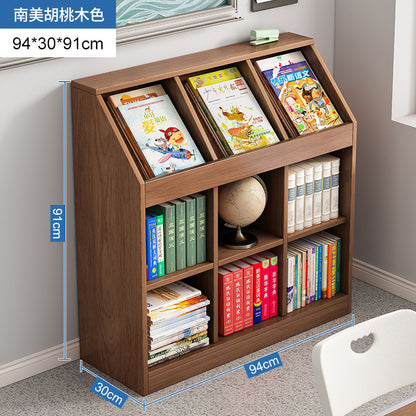 A school classroom bookshelf and storage cabinet
