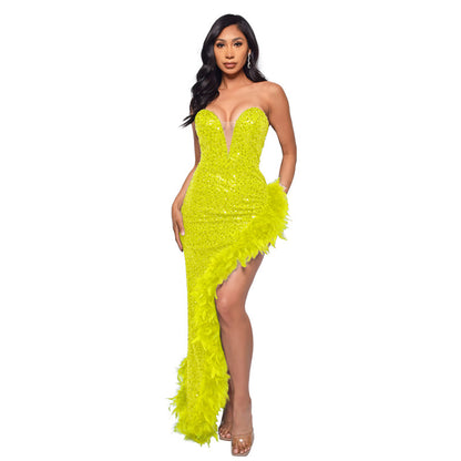 A ins European and American cross-border women's clothing wish Amazon ebay independent station tube top backless sequined feather dress women