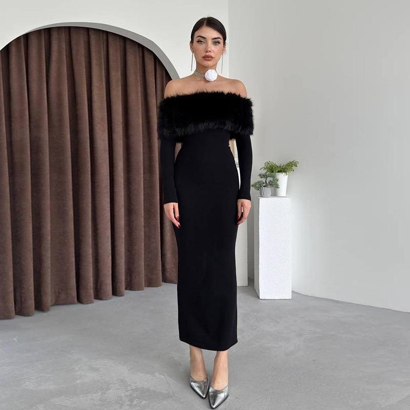 New long dress, fashionable style, elegant one-word shoulder fur collar slim dress - Mixbatch