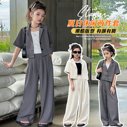 A summer new Korean version of medium and older children's thin cardigan short-sleeved suit high-waisted wide-leg pants